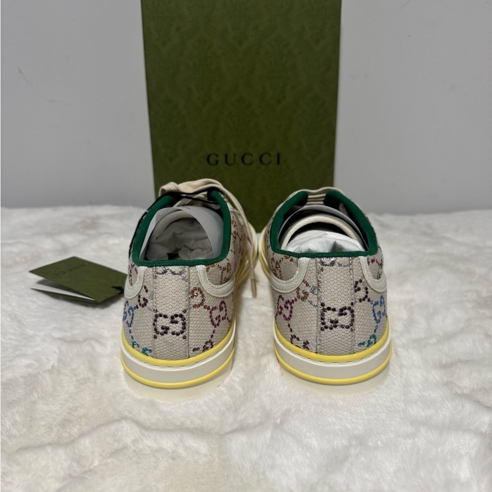 Gucci Beige Canvas Sneakers with Colorful Logo - Picture 2 of 5
